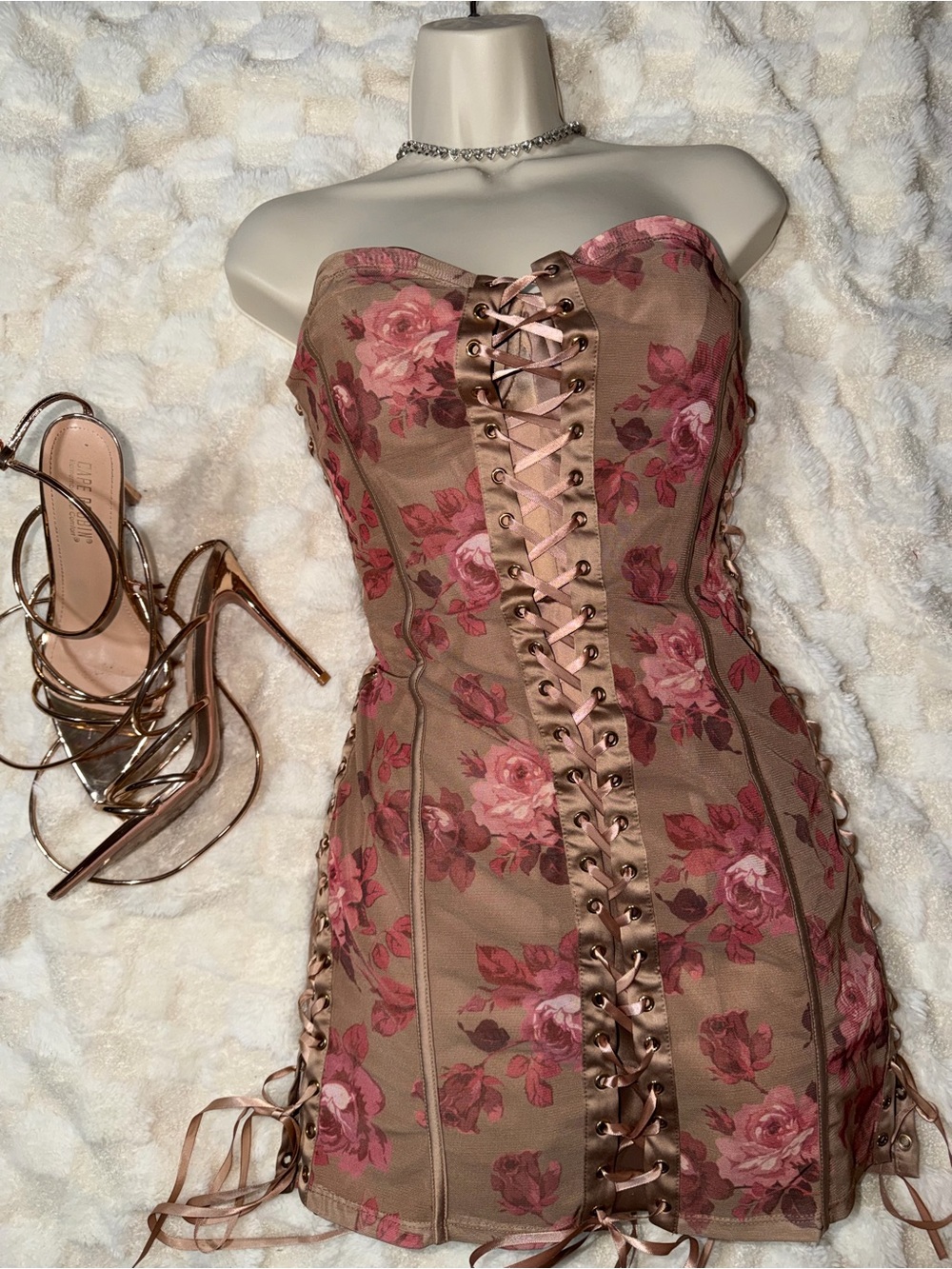 Oh Polly Floral Lace-Up Strapless Mini Dress - Pink on Brown